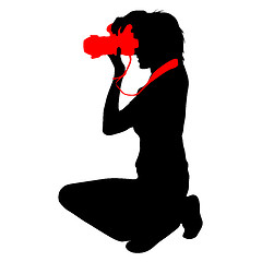 Image showing Cameraman with video camera. Silhouettes on white background. illustration