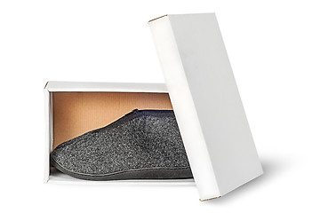 Image showing Single slipper in white cardboard box with lid