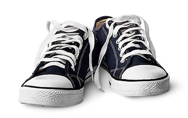 Image showing Pair blue athletic shoes near front view