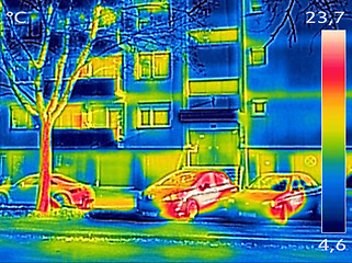 Image showing Thermal image showing parked cars in front of the apartment buil