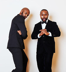 Image showing two afro-american businessmen in black suits emotional posing, g