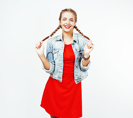 Image showing young pretty stylish hipster blond girl with pigtails posing emotional isolated on white background happy smiling cool smile, lifestyle people concept