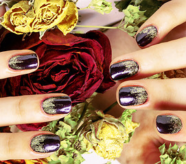 Image showing close up picture of manicure nails with dry flower red rose, deh