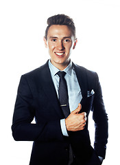 Image showing young pretty business man standing on white background, modern hairstyle, posing emotional, lifestyle people concept