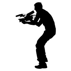 Image showing Cameraman with video camera. Silhouettes on white background. illustration