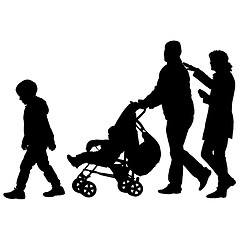 Image showing Black silhouettes Family with pram on white background. illustration