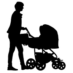 Image showing Black silhouettes Family with pram on white background. illustration