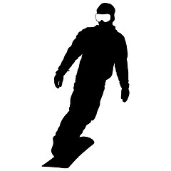 Image showing Black silhouettes snowboarders on white background.