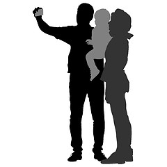 Image showing Silhouettes man and woman with a child, make selfie smartphone on white background. illustration