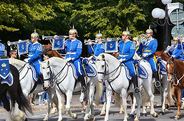 Image showing STOCKHOLM, SWEDEN - AUGUST 20, 2016: Swedish Royal Guards on hor