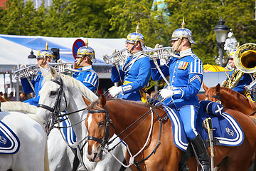 Image showing STOCKHOLM, SWEDEN - AUGUST 20, 2016: Swedish Royal Guards on hor