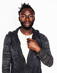 Image showing young handsome african american boy smiling emotional isolated on white background, in motion gesturing smiling, lifestyle people concept