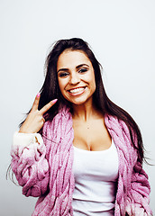 Image showing young happy smiling latin american teenage girl emotional posing on white background, lifestyle people concept