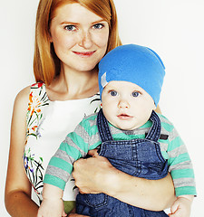 Image showing young beauty mother with cute baby, red head happy modern family