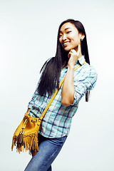 Image showing young pretty asian woman posing cheerful emotional isolated on white background, lifestyle people concept