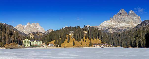 Image showing Panoramic views of the frozen lake Misurina and Tre Cime di Lava