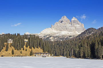 Image showing Panoramic views of the frozen lake Misurina and Tre Cime di Lava