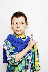 Image showing young pretty little boy kid wondering, posing emotional face isolated on white background, gesture happy smiling close up, lifestyle people concept