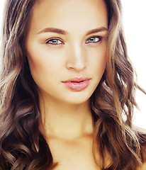 Image showing young sweet brunette woman close up isolated on white background