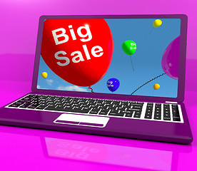 Image showing Big Sale Balloon On Laptop Shows Online Discounts