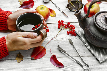 Image showing Palm of your hand with cup of autumn tea