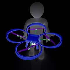 Image showing 3d man with drone, quadrocopter, with photo camera. 3d render. 3