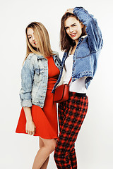 Image showing best friends teenage girls together having fun, posing emotional on white background, besties happy smiling, lifestyle people concept