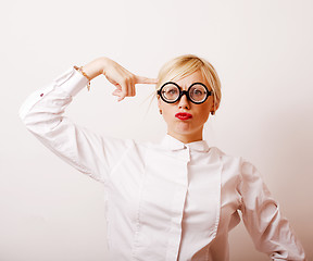 Image showing bookworm, cute young blond woman in glasses, blond hair, teenage
