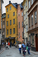 Image showing STOCKHOLM, SWEDEN - AUGUST 19, 2016: View of narrow street and c