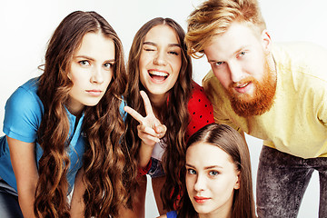 Image showing company of hipster guys, bearded red hair boy and girls students having fun together friends, diverse fashion style, lifestyle people concept isolated on white background