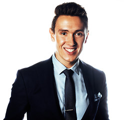 Image showing young pretty business man standing on white background, modern hairstyle, posing emotional, lifestyle people concept