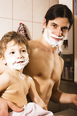 Image showing Portrait of son and father enjoying while shaving together, lifestyle people concept, happy family