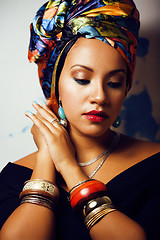 Image showing beauty bright african woman with creative make up, shawl on head