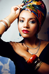 Image showing beauty bright african woman with creative make up, shawl on head