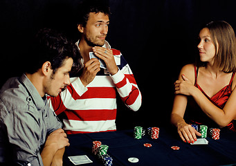 Image showing young people playing poker off-line tournament, friends party co