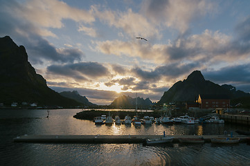 Image showing Sunset on Reine harbor in Lofoten Islands, Norway, Europe