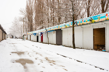 Image showing Vityazevo, Russia - January 9, 2017: View of the winter closed and looted halls on the way to the sea in the resort village Vityazevo, Krasnodar region