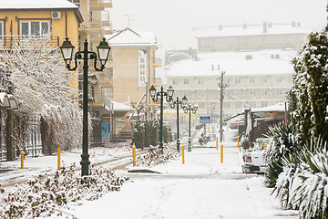 Image showing Vityazevo, Russia - January 9, 2017: Winter snowy urban landscape in the resort village Vityazevo, Krasnodar region