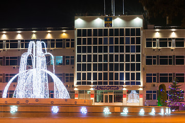 Image showing Anapa, Russia - January 7, 2017: Night view of the administration of the city of Anapa resort and the fountain in the New Year\'s holidays