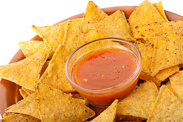 Image showing Plate of freshly made spicy nachos with salsa