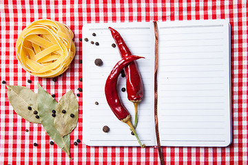 Image showing blank paper with pasta, pepper and spices