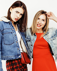 Image showing best friends teenage girls together having fun, posing emotional on white background, besties happy smiling, lifestyle people concept