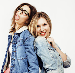 Image showing best friends teenage girls together having fun, posing emotional on white background, besties happy smiling, lifestyle people concept