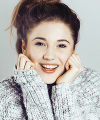 Image showing beauty young real woman in sweater at winter warmed up