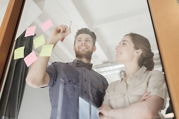 Image showing happy creative team writing on blank office glass