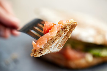 Image showing person eating salmon panini sandwich at restaurant