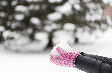 Image showing close up of woman holding snow outdoors