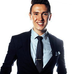 Image showing young pretty business man standing on white background, modern hairstyle, posing emotional, lifestyle people concept