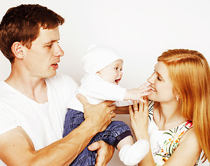 Image showing young cute happy modern family, mother father son isolated on wh