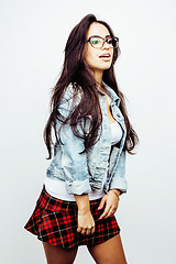 Image showing young happy smiling latin american teenage girl emotional posing on white background, lifestyle people concept, school uniform wearing glasses